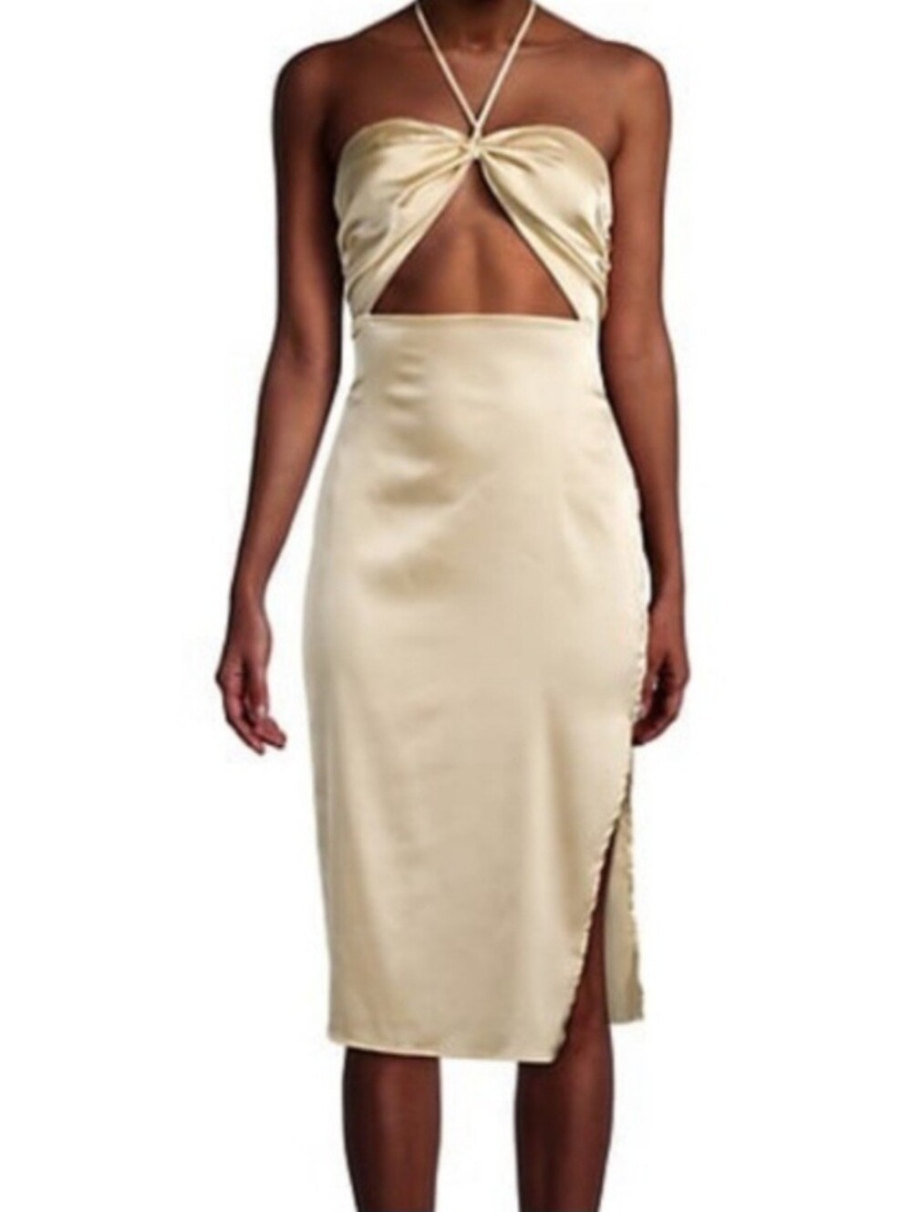 Danielle Bernstein Taupe Satin Cutout Halter Midi Dress Size L